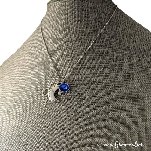 Silver Tone Crescent Moon Infinity & Blue Rhinestone Charms Necklace - Picture 4 of 6